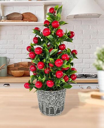 Yapay Çiçek Gri Seramik Saksıda Kiraz Ağacı Kırmızı Top Çiçek  