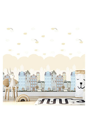 Binaları ve Pencereleri Olan Çizgi Filmvari Bir Şehir Temalı Duvar Kağıdı - Adakids 8903-2