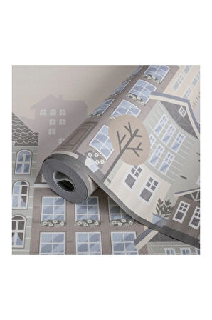 Binaları ve Pencereleri Olan Çizgi Filmvari Bir Şehir Temalı Duvar Kağıdı - Adakids 8903-2