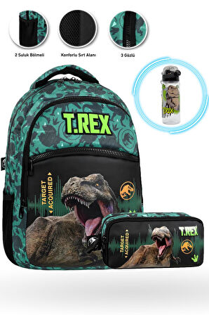 3 Gözlü Target Trex Okul Çantası + Kalemlik + Trex Suluk - Dino Çanta İlkokul Çanta Erkek Okul Çanta