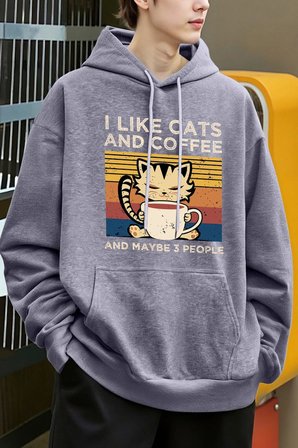 Sevimli Kedi Kahve İçiyor Desen Erkekler Y2K Hoody Hip Hop Polar Moda Hoodie Büyük Boy Sokak