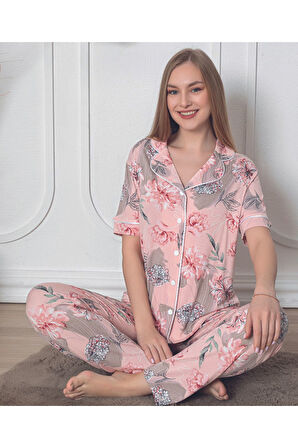 Kadın Çiçek Desenli Düğmeli Kısa Kol Örme Pijama Takımı