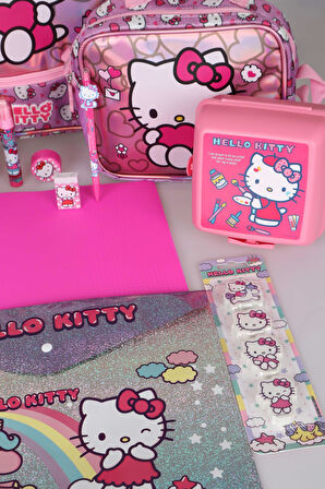 TEK BÖLMELİ KÜÇÜK BOY 32 CM HELLO KITTY ANAOKUL,BESLENME VE KALEM ÇANTASI İLE BESLENME KABI,MATARA KIRTASİYE OKUL SETİ