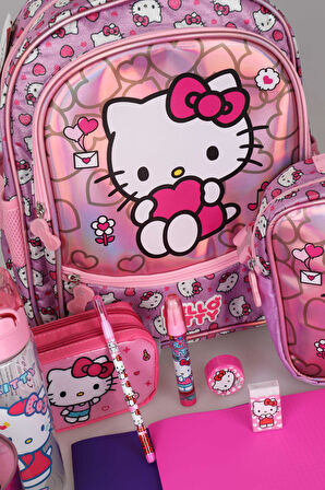 TEK BÖLMELİ KÜÇÜK BOY 32 CM HELLO KITTY ANAOKUL,BESLENME VE KALEM ÇANTASI İLE BESLENME KABI,MATARA KIRTASİYE OKUL SETİ