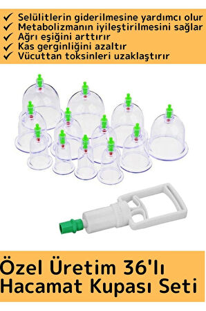 Özel Üretim Yüksek Kaliteli Selülit Çatlak Giderici Vakumlu 36'lı Hacamat Kupası Seti