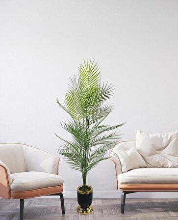 Yapay Ağaç Areka Ağacı Salon Bitkisi Siyah Gold Metal Vazoda 130 cm 12 Yaprak