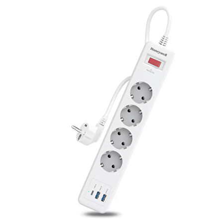 Honeywell 4'lü Akım Koruyucu Priz 2x USB-A + 1x USB-C 20W PD - Beyaz