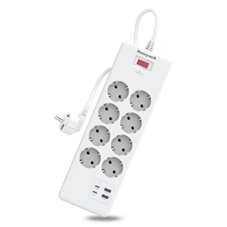 Honeywell 8'li Akım Koruyucu Priz 2x USB-A + 2x USB-C 20W PD - Beyaz
