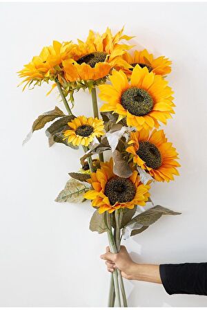 Yapay Çiçek Ayçiçeği Sarı Sunflower Dekoratif Çiçek 115cm Dev Ay Çiçeği 3 Kafalı