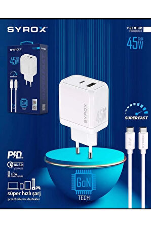 Gan 45w Pdvhızlı Turbo Şarj Type-c Ve Usb A Çift Girişli Şarj Adaptörü/ Type-c Kablo Set