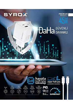 Gan 45w Pdvhızlı Turbo Şarj Type-c Ve Usb A Çift Girişli Şarj Adaptörü/ Type-c Kablo Set