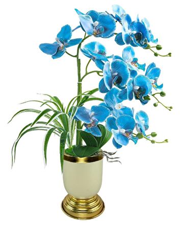 Yapay Çiçek 3lü Mavi Orkide Metal Krem Gold Saksıda Orkide 60cm