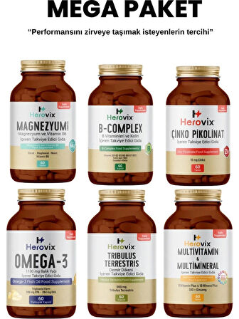 Herovix Sporculara Özel 6'lı Mega Paket (Omega3, Magnezyum, Multivitamin, Çinko, B Complex, Tribulus)