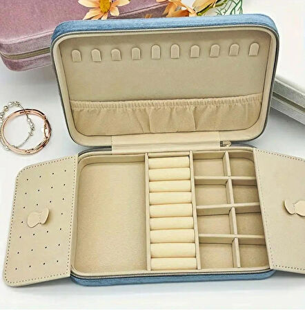 GMN-2 Lüx Kadife Mücevher Takı Kutusu - Yüzük küpe Altın Kolye Takı Organizeri / Aynalı ( GÖK MAVİSİ )