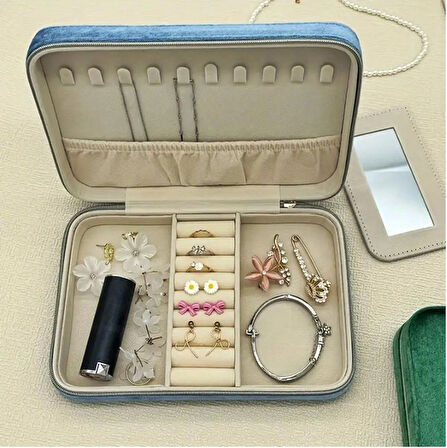 GMN-2 Lüx Kadife Mücevher Takı Kutusu - Yüzük küpe Altın Kolye Takı Organizeri / Aynalı ( GÖK MAVİSİ )