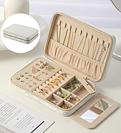 GMN-2 Lüx Kadife Mücevher Takı Kutusu - Yüzük küpe Altın Kolye Takı Organizeri / Aynalı ( BEYAZ )