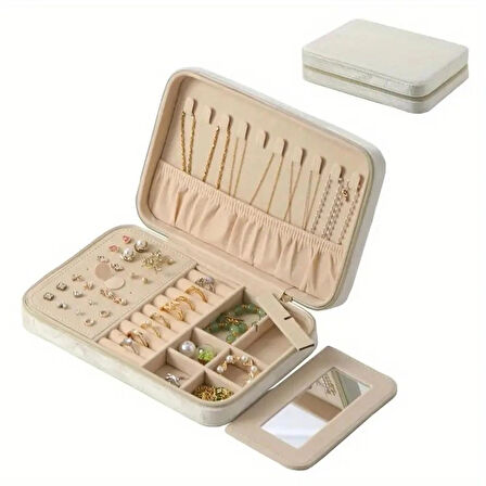 GMN-2 Lüx Kadife Mücevher Takı Kutusu - Yüzük küpe Altın Kolye Takı Organizeri / Aynalı ( BEYAZ )