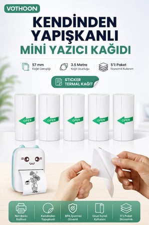 Kendinden Yapışkanlı Çocuk Kamera Baskı Kağıdı, 5’li Rulo 57x25mm Baskı Termal Kağıt Rulo