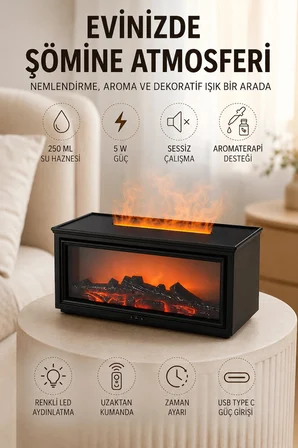 Şömine Görünümlü Hava Nemlendirici Renkli LED Işıklı Aroma Difüzörü