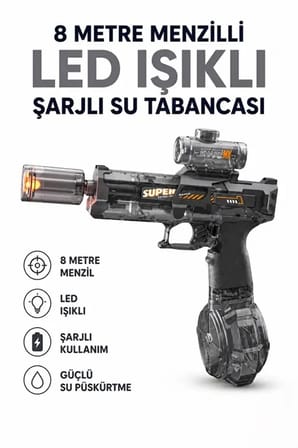 Sarjlı Otomatik Su Tabancası Led Işıklı Geniş Su Hazneli Gerçekçi Geri Tepme Efektli Uzak Menzilli