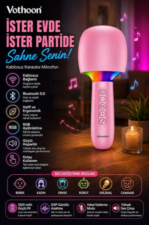 Çocuk Ve Yetişkin Karaoke Mikrofonu Kablosuz Rgb Ambiyans Işığı Ses Değiştirme Modlu Hoparlör
