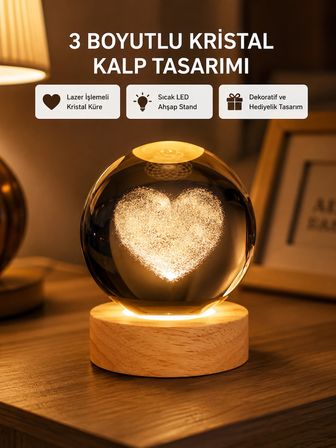 Romantik Kalpli Kristal Cam Küre USB’li Işıklı Dekoratif Obje