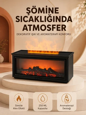 Alev Efektli Aroma Yayıcı Hava Nemlendirici Uzaktan Kumandalı Gece Lambası