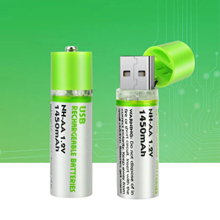 Usb Şarjlı 1450mah Aa 1.2v Lityum Kalem Pil 2 li Set Dönüşümlü Batarya