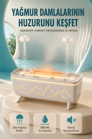 Dekoratif Hava Nemlendirici ve Aromaterapi Difüzörü 280 ML Yağmur Efektli Renkli LED Işıklı