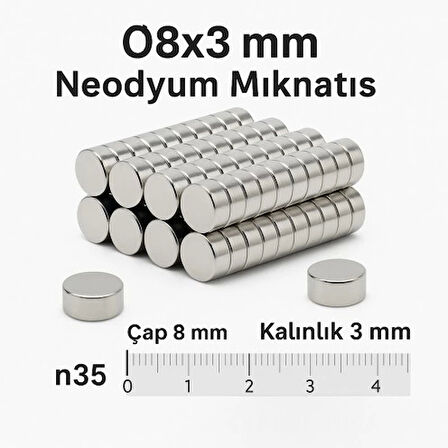 1 Adet 8x3mm Yuvarlak Neodyum Mıknatıs Güçlü Nikel Kaplamalı Kaliteli Dayanıklı Magnet