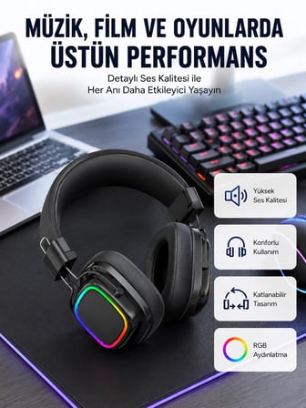 RGB Işıklı Katlanabilir Bluetooth 5.3 Kulak Üstü Kulaklık