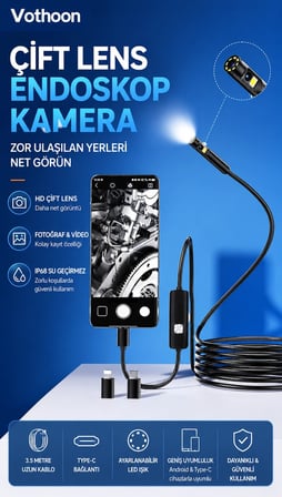 10 Metre Çift Kameralı İos/android Uyumlu Yılan Endoskop Kamera 8mm 2mp Led li Sert Kablo