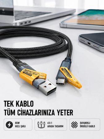 Örgülü Tasarım 4’ü 1 Arada USB-C Lightning Hızlı Şarj Kablosu