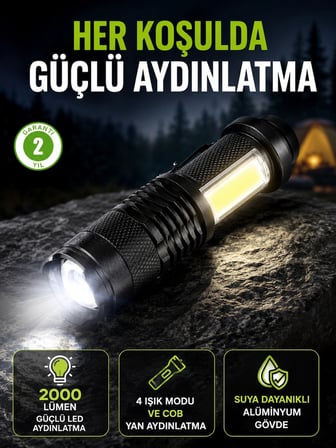 4 Modlu USB Şarjlı LED El Feneri Kamp ve Outdoor