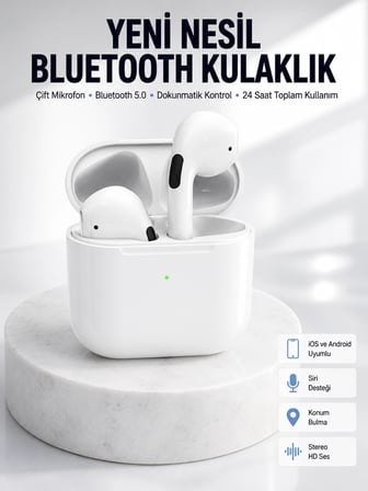Yeni Nesil Bluetooth Kulaklık Beyaz Çağrı Cevaplayabilen Kablosuz