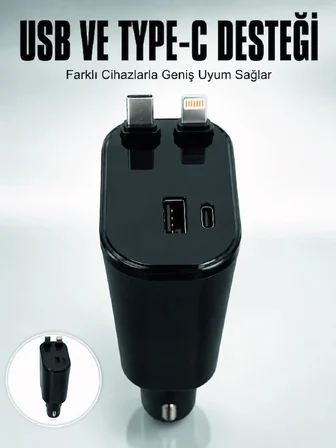 Araç Çakmaklık Şarj Cihazı 120W Type-C & Lightning Kablolu Çoklu Hızlı Şarj İstasyonu