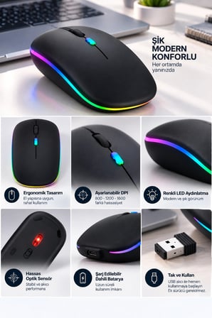 8 10 Metre Menzilli Şarj Edilebilir Kablosuz Mouse
