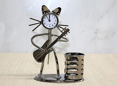 Metal Gitar Çalan Kedi Müzisyen Saat Ve Kalemlik Alk4345