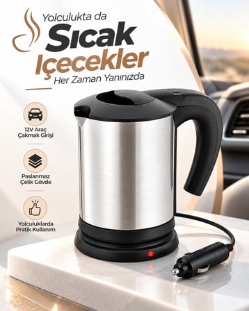 Yolculuk Ve Seyahat İçin 12v Araç Uyumlu Paslanmaz Çelik Elektrikli Su Isıtıcı Kettle