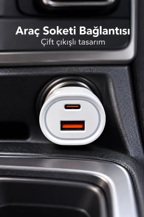 Type C ve USB A Çift Çıkışlı Araç Şarj Aleti
