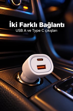Type C ve USB A Çift Çıkışlı Araç Şarj Aleti