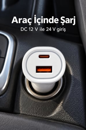 Type C ve USB A Çift Çıkışlı Araç Şarj Aleti
