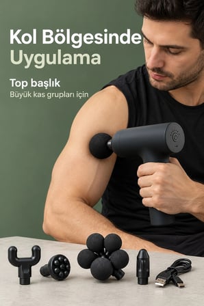 Masaj Tabancası 5 Değiştirilebilir Başlıklı Şarjlı Siyah Masaj Aleti