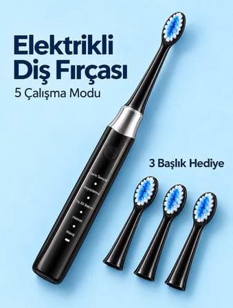 Değiştirilebilir Başlıklı Siyah Elektrikli Diş Fırçası 5 Mod Ve 3 Yedek Başlık