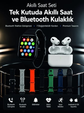 7 Kordonlu Akıllı Saat ve Bluetooth Kulaklık Seti Nabız Takibi, Bildirimler ve Spor Modları
