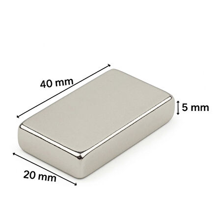 10 Adet 40x20x5mm Neodyum Magnet Güçlü N35 Mıknatıs Köşeli Nikel Kaplama