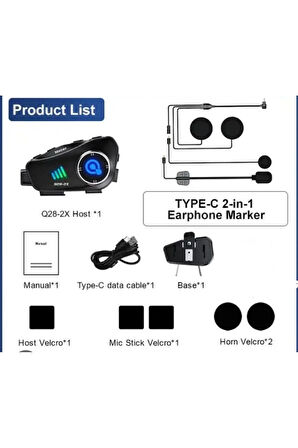Q28 2x 2 Eşleşmeli Motosiklet Kask Bluetooth Kulaklık 1080p Kamera Su Geçirmez Intercom