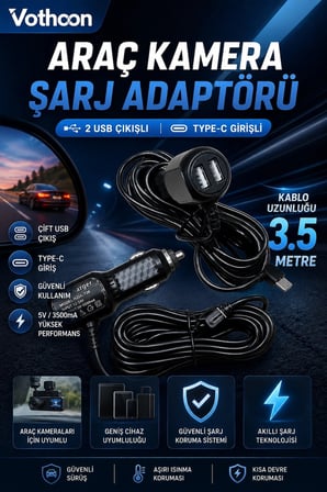 Araç Kamera Şarj Adaptörü 2 Usb’li Type-c Girişli 3.5 Metre Kablo Uzunluğu(ürün Kamera Değildir)