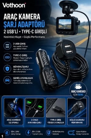 Araç Kamera Şarj Adaptörü 2 Usb’li Type-c Girişli 3.5 Metre Kablo Uzunluğu(ürün Kamera Değildir)