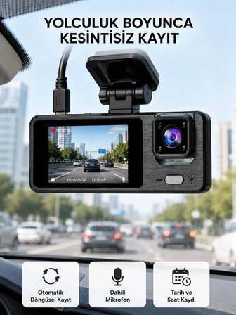 3 Kameralı Araç DVR 1080P Ön + HD Arka + İç Kamera Döngü Kayıt 2’’ Ekran